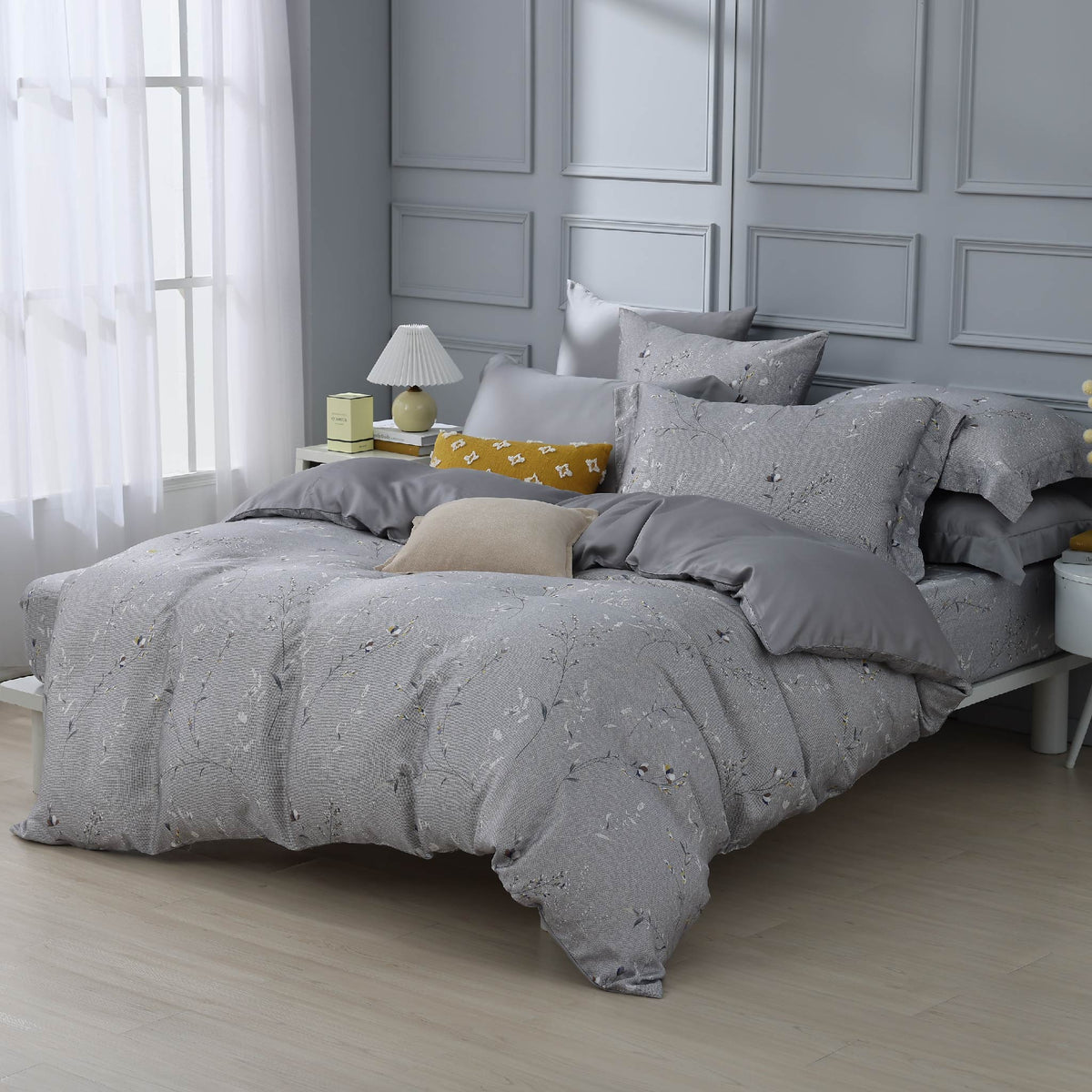 60支天絲/中式床裙鋪棉床罩七件式/雙人5尺加大6尺特大7尺/花枝雀躍/0602