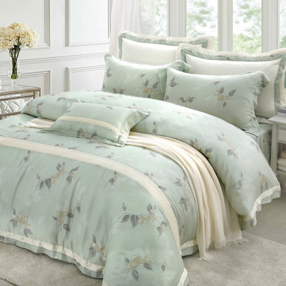 60支天絲/中式床裙鋪棉床罩七件式/雙人5尺加大6尺特大7尺/綠野晨曦/0604