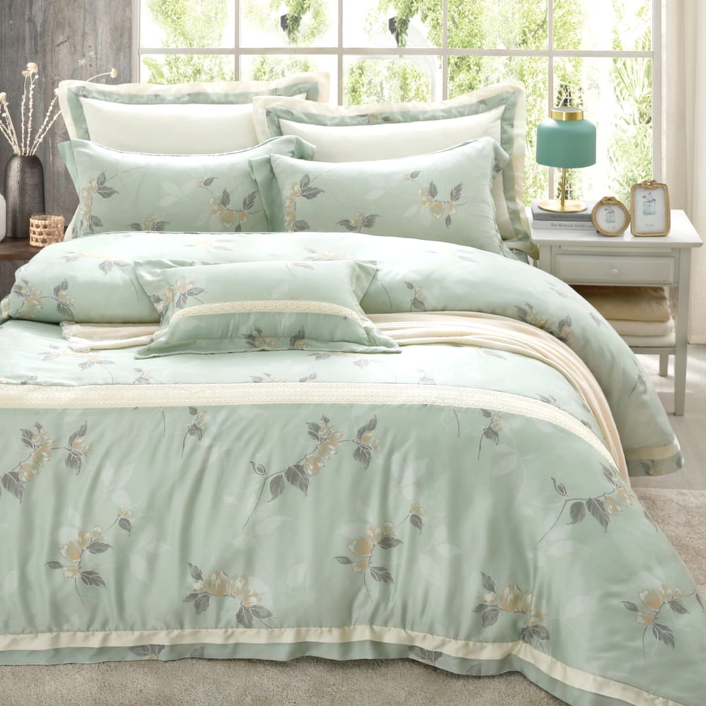 60支天絲/中式床裙鋪棉床罩七件式/雙人5尺加大6尺特大7尺/綠野晨曦/0604