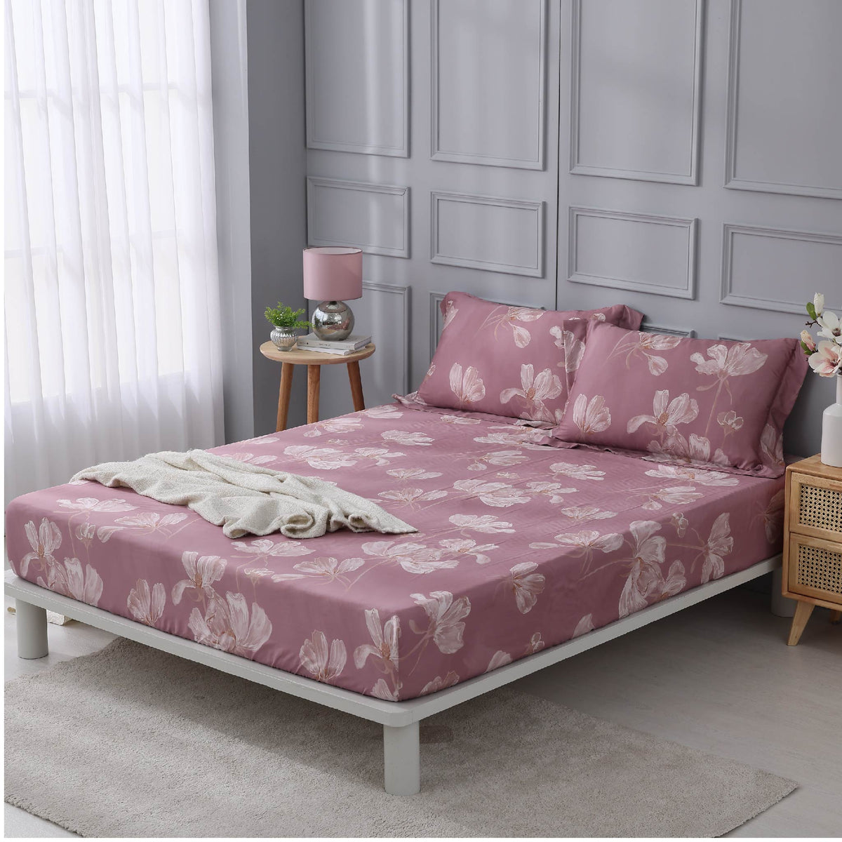 100支天絲/床包枕套被套/單人雙人加大特大/豆沙煙花/0801