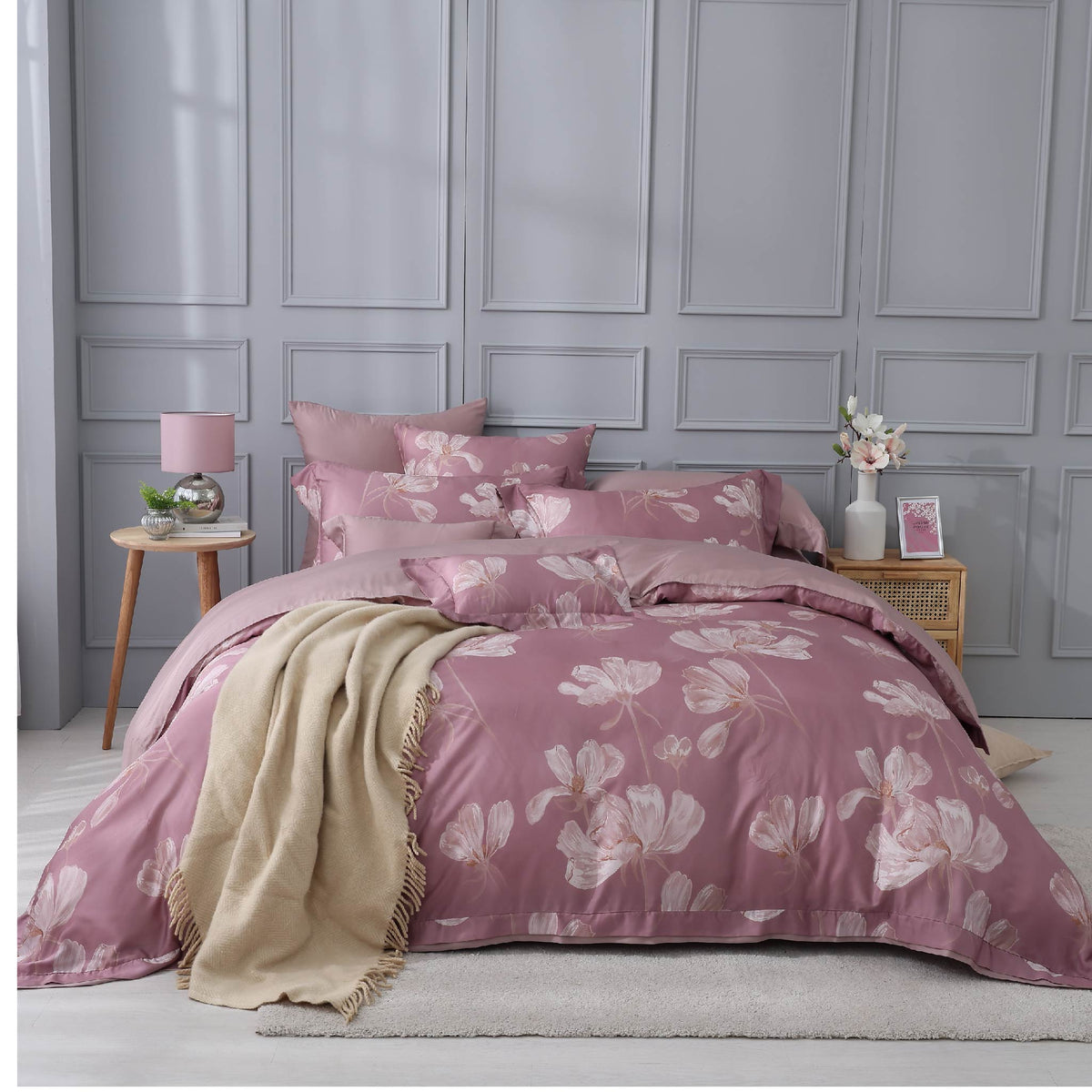 100支天絲/中式床罩七件式/雙人5尺加大6尺特大7尺/豆沙煙花/0801