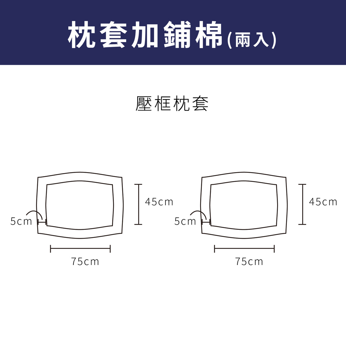 壓框枕套(兩入)尺寸-客製加鋪棉示意圖
