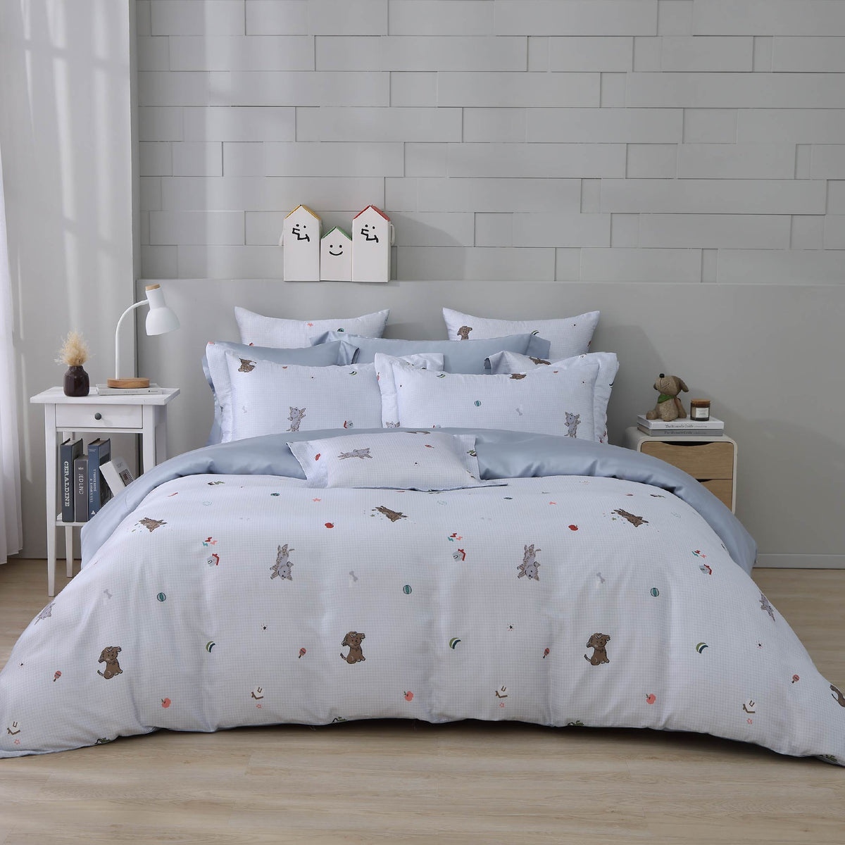 60支天絲/中式床裙鋪棉床罩七件式/雙人5尺加大6尺特大7尺/海鹽小狗/0608