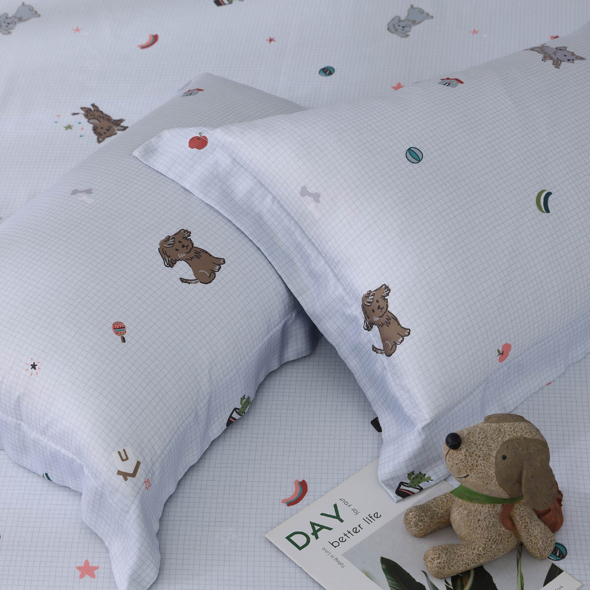 60支天絲/中式床裙鋪棉床罩七件式/雙人5尺加大6尺特大7尺/海鹽小狗/0608