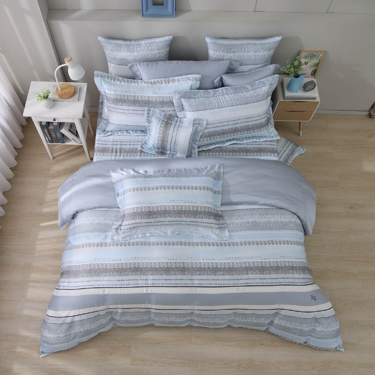 60支天絲/中式床裙鋪棉床罩七件式/雙人5尺加大6尺特大7尺/冰藍之序/0610