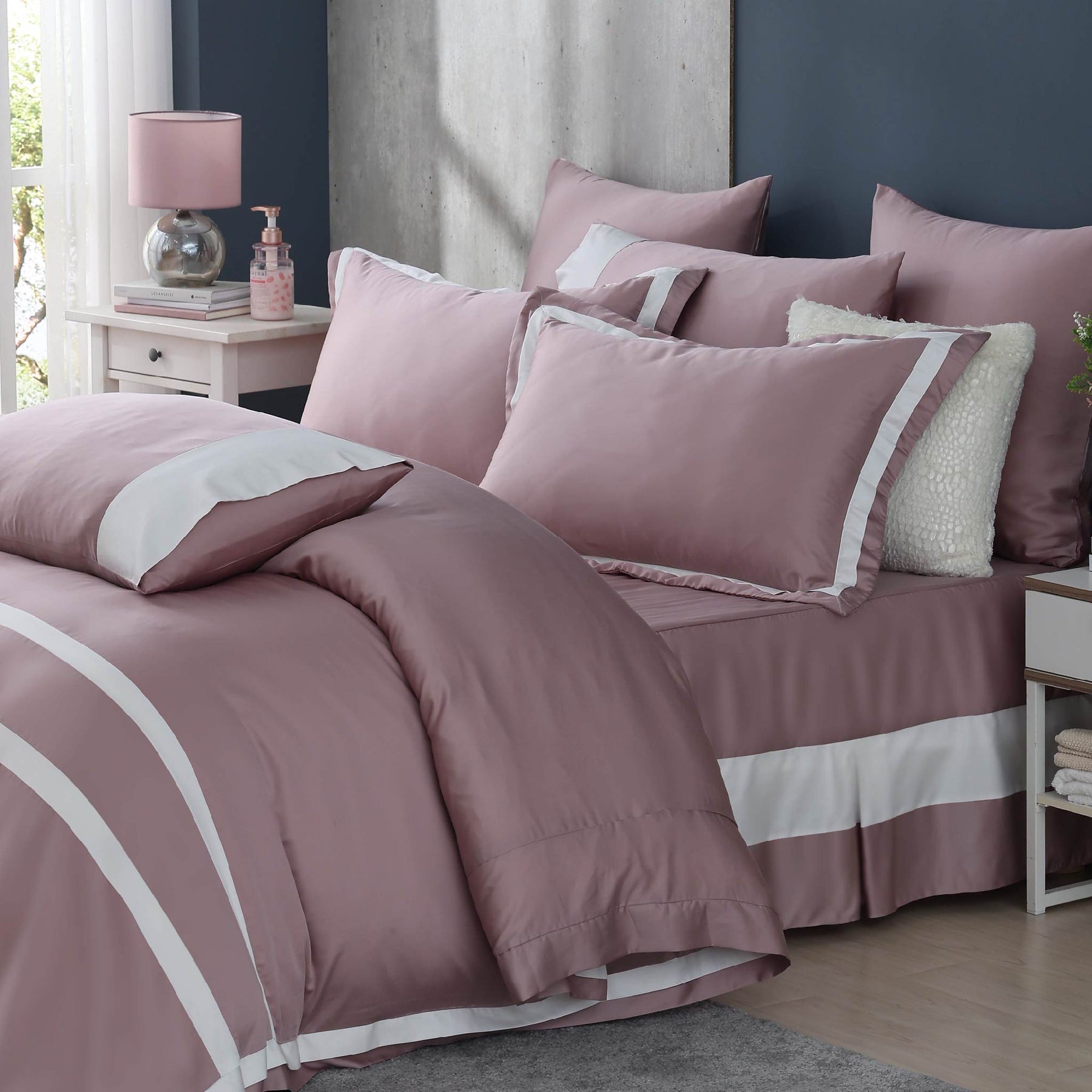 80支萊塞爾天絲，豆沙粉色的寢具，床裙床罩七件式